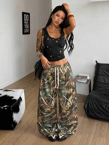 Coolane 女士春夏街头风锐舞朋克Y2K树枝图案森林印花舒适宽松阔腿裤 - 棕色 - 查看 6