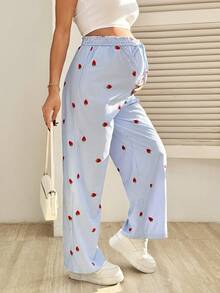SHEIN Maternity Striped & Strawberry Print Elastic Waist Casual Pants - Red - View 3