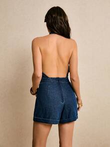 Poéselle Women's Sexy Backless Halter Denim Romper, Suitable For Beach Vacation - Dark Wash - View 2