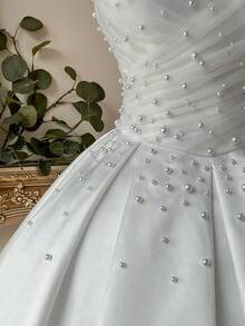 Lovelzi Elegant Fashion White Satin Mesh Patchwork Strapless Pearl Decor A-Line Formal Party Dress, Wedding Guest Bachelorette Prom Bridal Shower - White - View 4