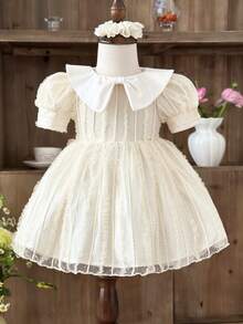 SHEIN LMoss Kids 女婴法式优雅荷叶边领花瓣袖网纱连衣裙 - 白色 - 查看 1