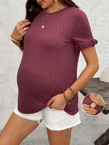 SHEIN 孕妇及哺乳期休闲荷叶边短袖T恤，夏季 - 紅色 - 查看 8