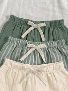 Loomiva 3pcs Baby Boys/Girls Elastic Waist Pants Set With Decorative Ribbon, Versatile & Comfortable For Outings, Street Style, Home, Party,Kids - Multicolor - View 3