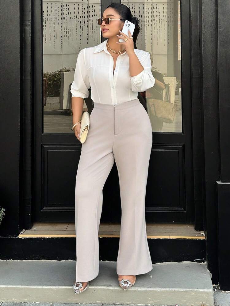 Dazy Plus Solid Color Loose Straight Leg Casual Black Pants, All Season Long Style