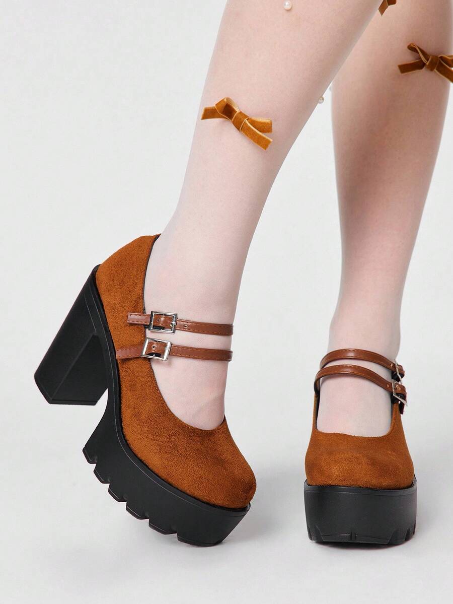ROMWE Fairycore Women Pumps - Brown cloth surface + double bag. - View 1