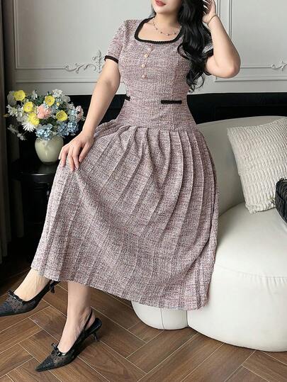 Dazy Plus Đầm ngắn tay thanh lịch cỡ lớn, viền ngọc trai giả, thích hợp cho mùa hè.