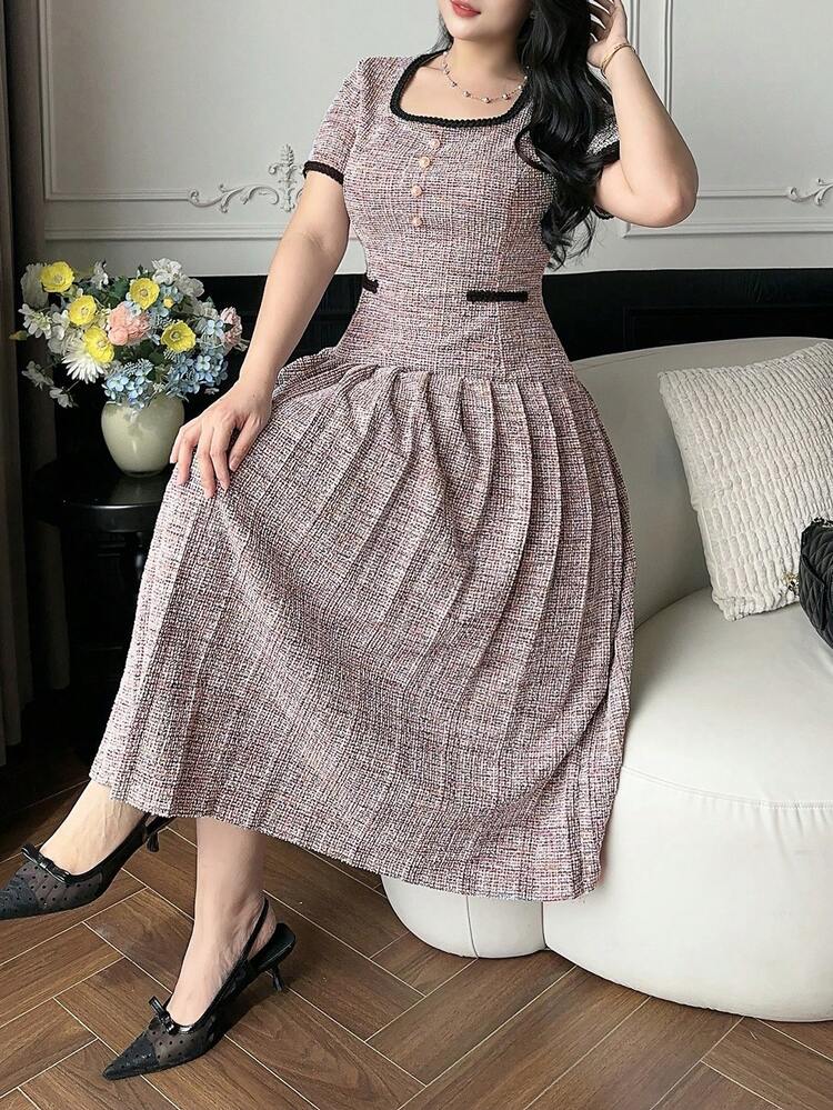 Dazy Plus Plus Size Elegant Faux Pearl Trim Short Sleeve Dress, Summer Sun Dresses For Women