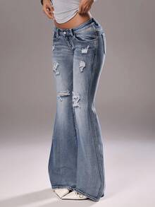 TRNVIE 时尚休闲复古做旧低腰喇叭牛仔裤 - 中等水洗藍 - 查看 3