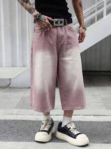 Manfinity EMRG Men's Casual Pocketed Button Fly Wide Leg 3/4 Length Jeans, Versatile For Daily Wear - Pink - View 5