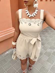 EMERY ROSE Plus Size Women's Hollow Flower Decor Waist Cinched Jumpsuit, Suitable For Spring/Summer Vacation - Khaki - View 5