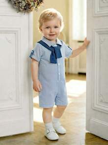 Souflis Souflis Bộ quần áo trẻ em kiểu Pháp dành cho bé trai sơ sinh, gồm áo sơ mi ngắn tay kẻ sọc và quần short liền thân màu trơn, thích hợp mặc trong nhà và ngoài trời, phù hợp cho mùa xuân/hè, đi nghỉ mát hoặc sinh hoạt ngoài trời. - Màu xanh nhạt - Xem 5