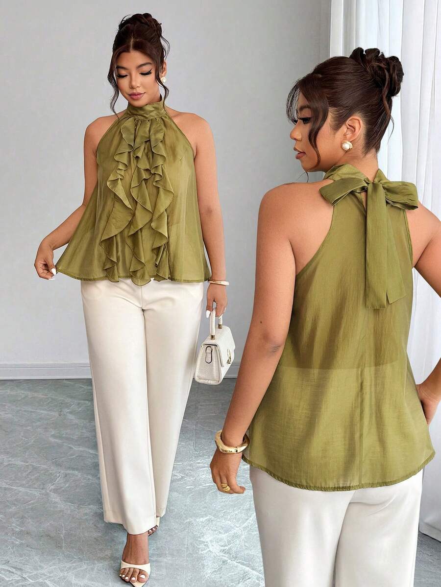 Elenzga Große Größen Elegante Bluse mit Rundhalsausschnitt und Rüschensaum für Damen, Frühling/Sommer - Grün - Übersicht 1