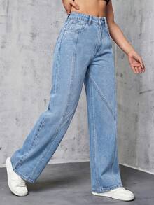SHEIN EZwear 休闲水洗高腰直筒牛仔裤 - 淺色水洗藍 - 查看 5