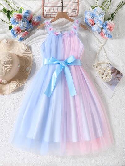 Sparklyn 少女春夏款，优雅可爱拼接3D立体花卉装饰网纱泡泡腰带系带连衣裙