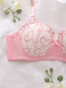 Valentine's Day Heart Embroidery Pink 3/4 Cup Padded Underwire Bra With Coquette Ruffle Bow, Cute & Romantic Gift For Women - Pink - View 6
