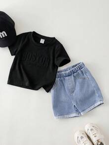 SHEIN 男婴夏季休闲字母印花T恤和浅蓝色短裤两件套 - 黑色 - 查看 6