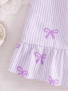 SHEIN 这款女童梭织面料蝴蝶结条纹数码印花拼接荷叶边吊带连衣裙，适合夏季日常穿着、外出、旅行、度假、派对等场合。 - 彩色 - 查看 4