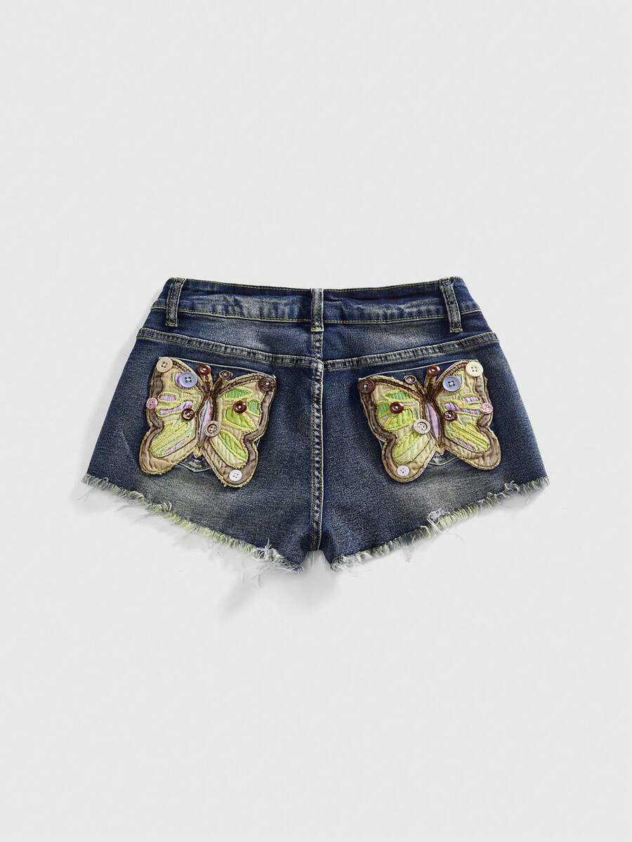 ROMWE Fairycore Women's Retro Vintage Floral Applique Bow Button Decor Super Low Waist Mini Denim Shorts - Blue - View 1