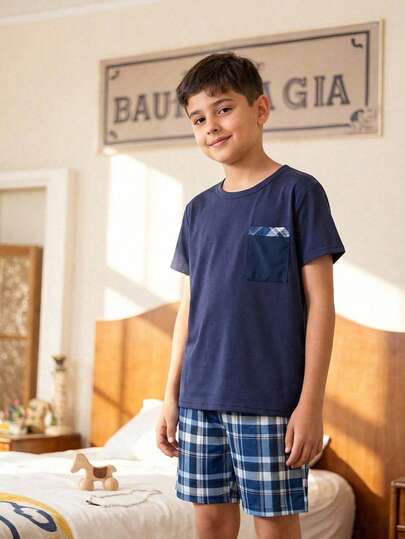 Tween Boys Pajamas-2 Piece Summer Pajama Set Navy Short Sleeve Crew Neck Top Plaid Shorts Pocket Sleepwear Loungewear Lightweight Quick Dry Holiday 2026 Must Have Kids Nightwear Comfortable Playful Casual Home Beach Gift Everyday Style