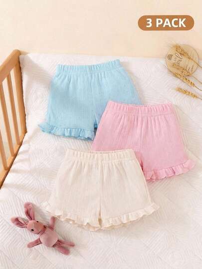 Souflis Souflis 3件套婴幼儿女童休闲宽松舒适短裤套装，柔软亲肤镂空花卉纹理针织松紧腰荷叶边饰边，粉色和白色纯色，多色可选，性价比高，适合春夏居家/外出/度假