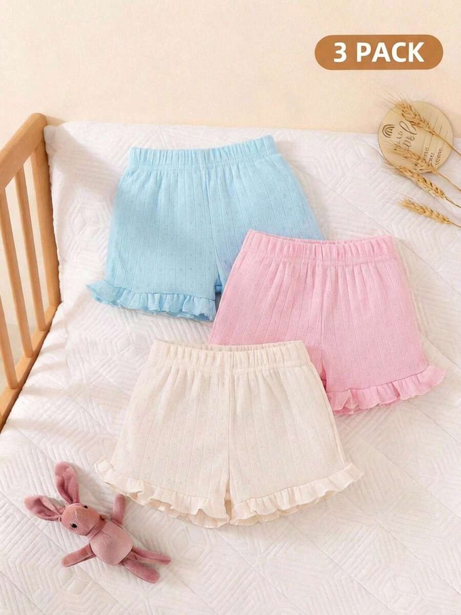 Souflis 3pcs/Set Baby Girl Casual Loose Comfy Shorts Set, Soft & Skin-Friendly Hollow-Out Floral Textured Knitted Elastic Waist Ruffle Trim, Pink & White Solid Color, Multi Color Options, High Cost-Effective, Suitable For Spring/Summer Home/Outing/Vacation - Multicolor - View 1