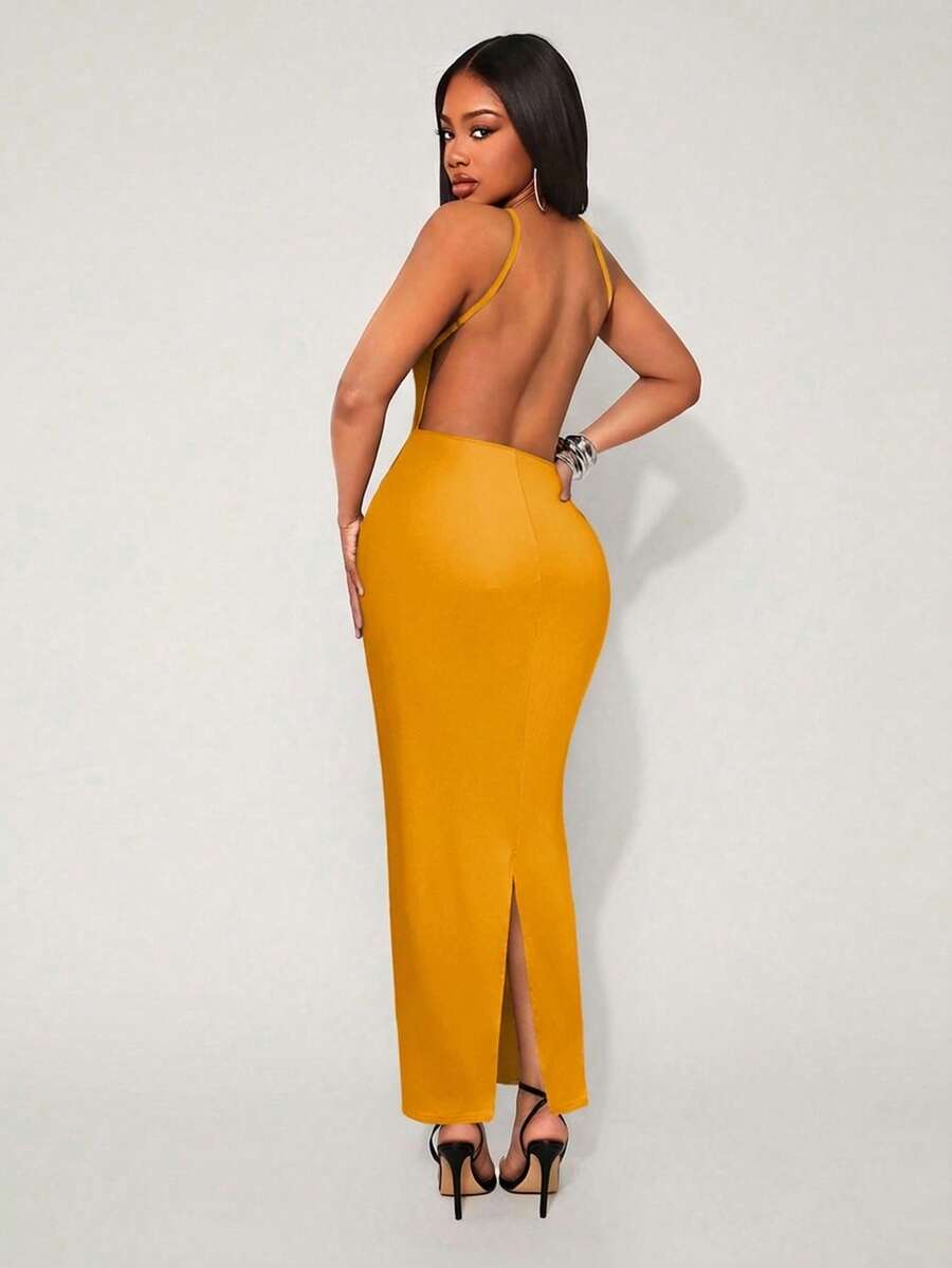 SHEIN SXY 优雅露背连衣裙，纯色，性感，夏季 - 黃色 - 查看 1