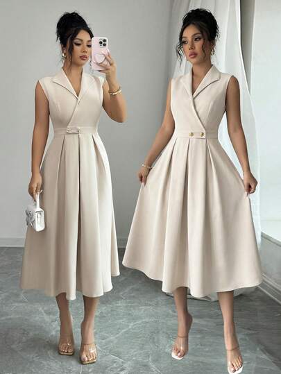 Elenzga Women's Collared V-Neck Waist Metal Double-Breasted Flared Hem Sleeveless A-Line Midi Dress, Apricot Color, Elegant And Sophisticated, French Romantic Vintage Style, Suitable For Office, Business, Beach, Casual, Versatile, Spring/Summer New Arrival