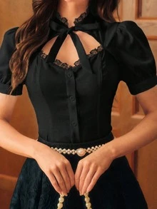 Vintamour Áo sơ mi nữ cỡ lớn kiểu cổ điển thanh lịch, viền ren, tay phồng, cổ nơ, thích hợp cho mùa hè, lễ hội, nhạc đồng quê và các buổi hòa nhạc. - màu đen - Xem 4