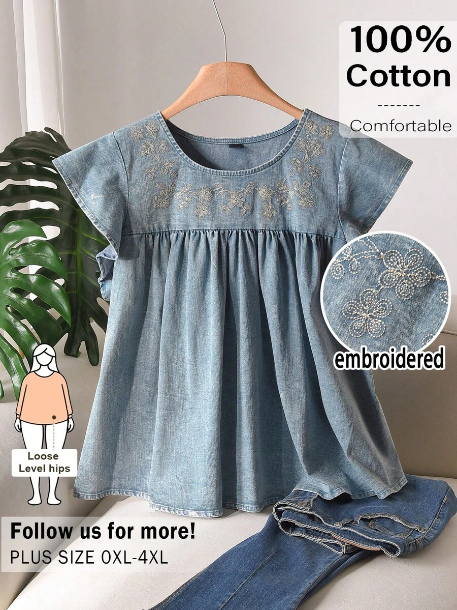 CosyJoli Plus Size Women's Washed Shirt, Embroidered Casual With Ruffle Sleeves, Spring Summer Vacation Holiday Blouse For Women, Tops - Blue - View 1