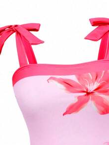 SHEIN Swim 2件套 女士简约随机印花吊带蝴蝶结连体泳衣和系带沙滩裙 夏季泳装 - 彩色 - 查看 4