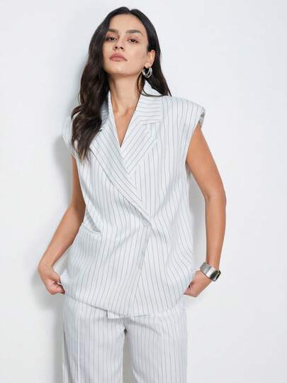 Aveloria Modichic White Striped Sophisticated Design Vintage Chic Elegant Commuter Versatile Deconstructed Wide Shoulder Sleeveless Blazer Vest Top Paired With Striped Straight Leg Suit Pants, Women's Suit Set, Commuter Casual Elegant Versatile