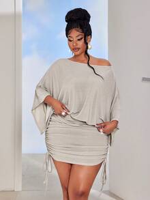 Maweii Vestido de fiesta elegante y a la moda para mujer de talla grande, de unicolor, con drapeado asimétrico en el hombro - Gris Claro - Ver 6