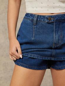 WESTFADE Button Front Cotton Blend Denim Mini Skort Spring, Resort Wear, Summer, Casual, Cute, Boho, Nashville, Cowgirl, Western Clothes For Women, Vacation - Dark Wash - View 5