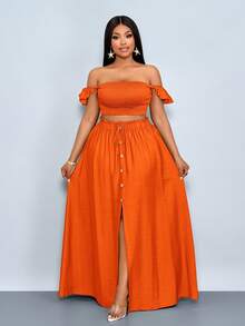 SOLERSUN 大码女士度假浪漫优雅亚麻质感露肩小飞袖短款上衣搭配A字前开衩长裙套装，女士两件套，休闲日常穿着，适合日常穿搭、购物、约会和海岛度假，享受静谧奢华假期 - 亮橙色 - 查看 6