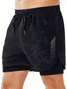 Gym Rark Black Woven Fabric Men's Sports Shorts Short Length Geometric Pattern With Pockets - Black - View 1