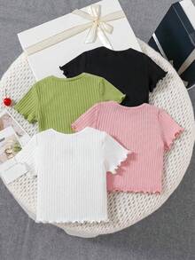 4pcs Set Casual Solid Color Knit Ruffle Hem Short Sleeve Top,Kids - Multicolor - View 3