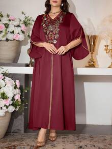 Al Najma 优雅V领喇叭袖连衣裙，适合春夏穿着 - 酒紅色 - 查看 7