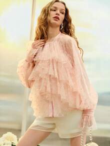MOTF PREMIUM WOMEN'S LAYERED RUFFLED FLARE SLEEVE ROUND NECK ROMANTIC TOP, SPRING/SUMMER - Baby Pink - View 7