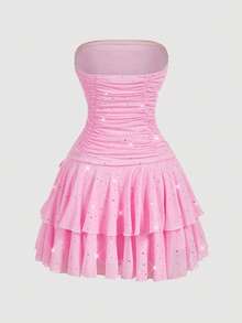 SHEIN MOD 女式纯色荷叶边下摆褶皱抹胸迷你连衣裙 - 淺粉色 - 查看 4