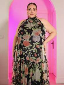 Pretty and Ole Đầm dự tiệc không tay bằng vải chiffon họa tiết hoa dành cho nữ cỡ lớn, thanh lịch, chất liệu lưới, thích hợp cho các dịp đặc biệt. - màu đen - Xem 4