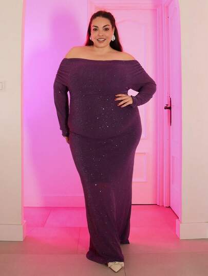 Pretty and Ole 大码水钻装饰露肩紧身连衣裙，派对装