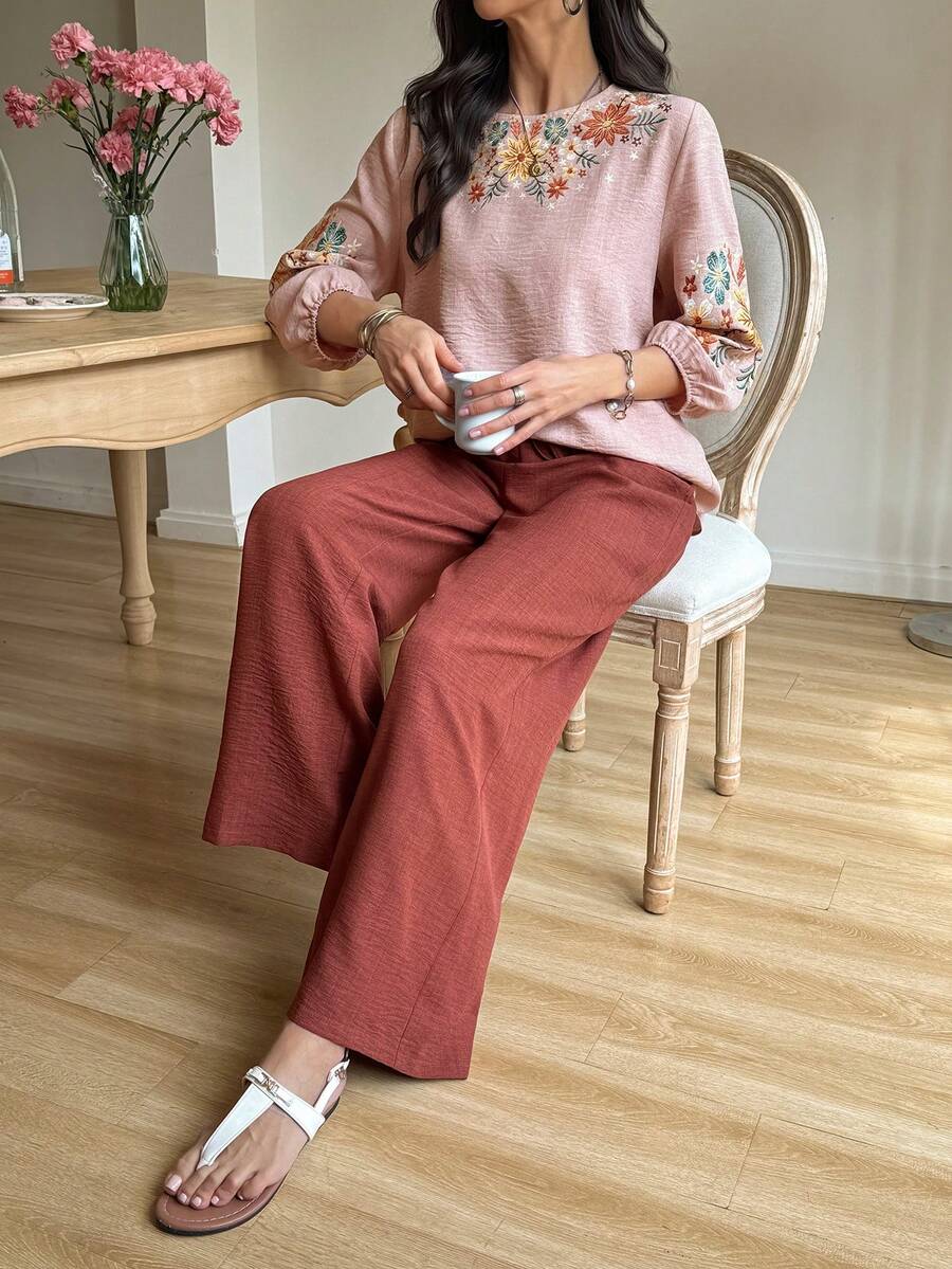 Vivie Lora 女士宽松休闲撞色两件套夏季家居服套装 - 粉色 - 查看 1