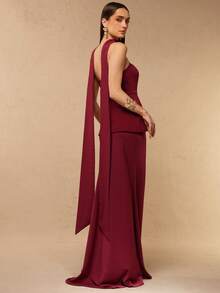 Silquee 两件套浪漫纯色红色、酒红色、亮红色短款吊带连衣裙，搭配荷叶边迷你裙，鱼尾裙摆设计，适合外出、毕业典礼、音乐会、伴娘礼服、婚礼及其他浪漫场合，简约风格，优雅日常穿着，伴娘礼服，晚宴、俱乐部、正式派对、浪漫约会装扮 - 酒紅色 - 查看 2