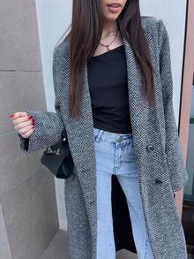 Hitanina 女士人字形翻领长袖长款大衣，秋冬款 - 灰色 - 查看 3