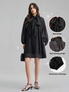 Ontre 2026春夏女装纯黑色宽松灯笼袖褶皱蝴蝶结领连衣裙，时尚休闲，适合独立日、都市时尚、通勤、度假派对、教师节、办公室、婚礼宾客、假日、约会等场合，百搭短款连衣裙 - 黑色 - 查看 2