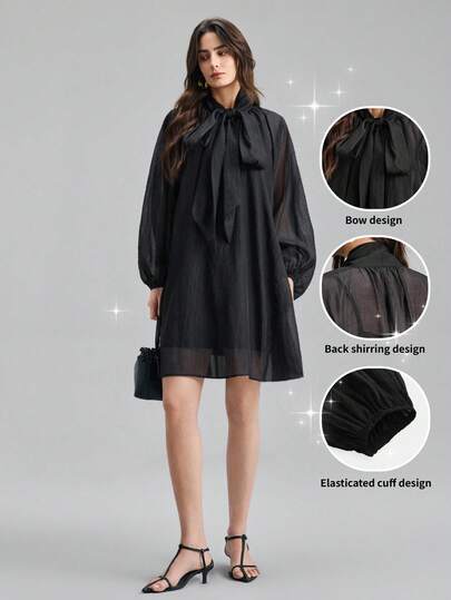 Ontre 2026春夏新款女士纯色宽松灯笼袖褶皱系领时尚连衣裙，适合独立日、都市时尚、简约通勤、度假派对、优雅教师节等场合穿着。