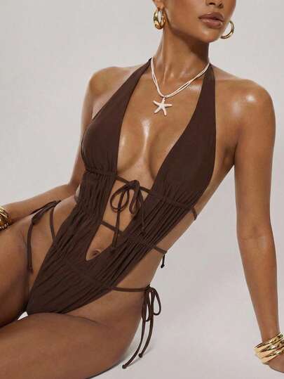 SHEIN BAE Women's Solid Color Lace-Up Backless Halter One-Piece Swimsuit,Summer,Spring Break Outfits ,Valentine's Day,Beach ,Beach Outfits For Women ,Beach Outfit ,Birthday,Going Out,Brown One-Piece Swimsuit, Brown Beachwear,2026 Summer New Beachwear, Beach Party