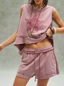 Bohemela 2件套 女士休闲纯色针织宽松背心和短裤 - 粉色 - 查看 1