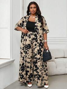 SHEIN Lady Bộ áo choàng và quần dài in hoa dành cho nữ cỡ lớn, kiểu dáng thường ngày, gồm 2 món. - Nhiều màu - Xem 4