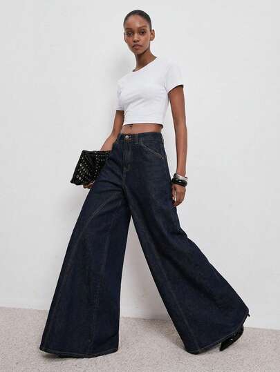 ATUI Studio 女士纯色口袋宽松时尚阔腿牛仔裤